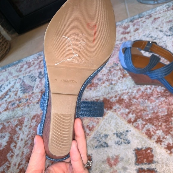 HALSTON Blue Suede Espadrille Wedge Heels Double Ankle Straps Size 8.5 Like NEW - Picture 10 of 11